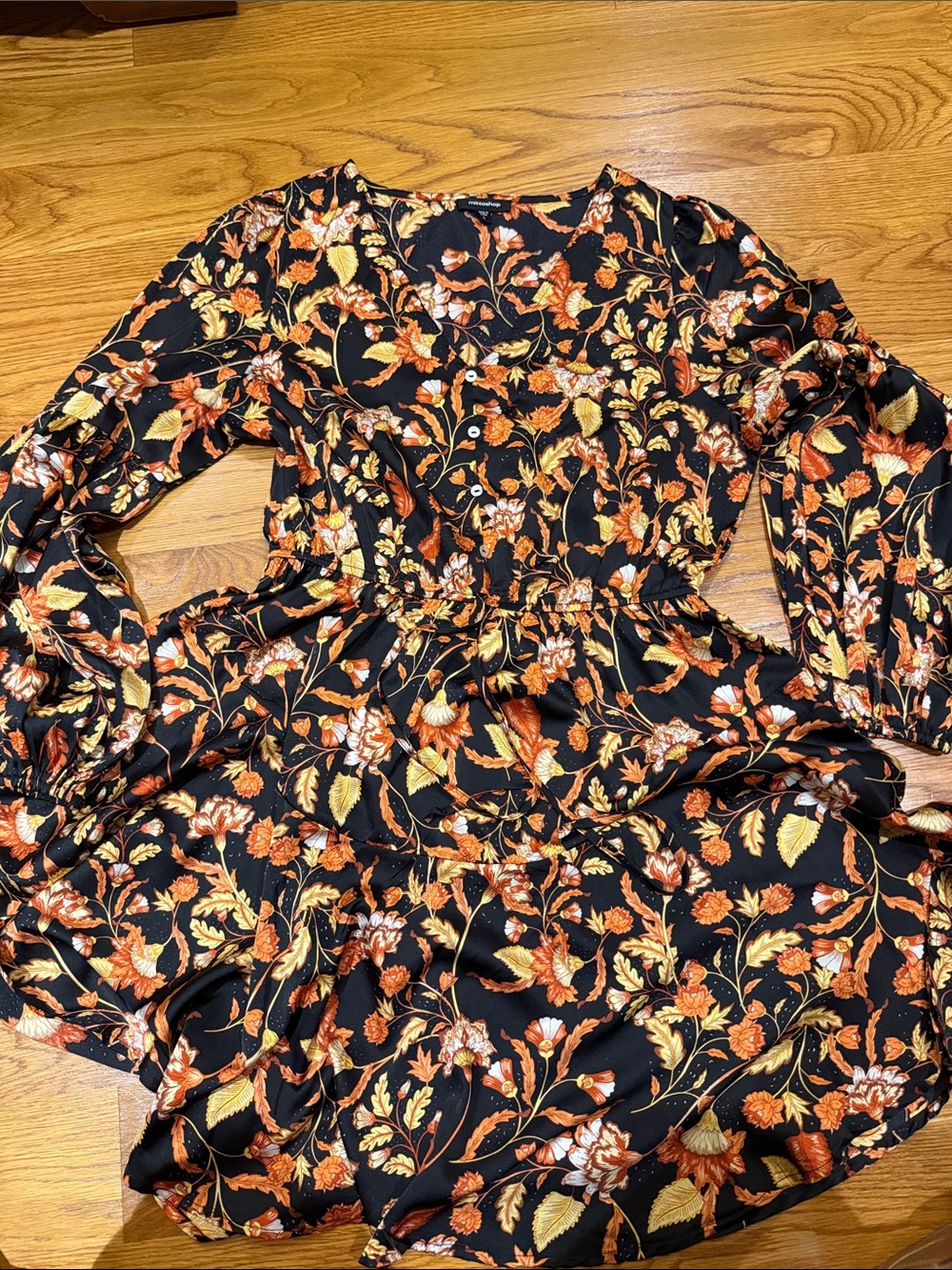 mittoshop Black Long Sleeve Floral Dress with Orange & Gold Foliage